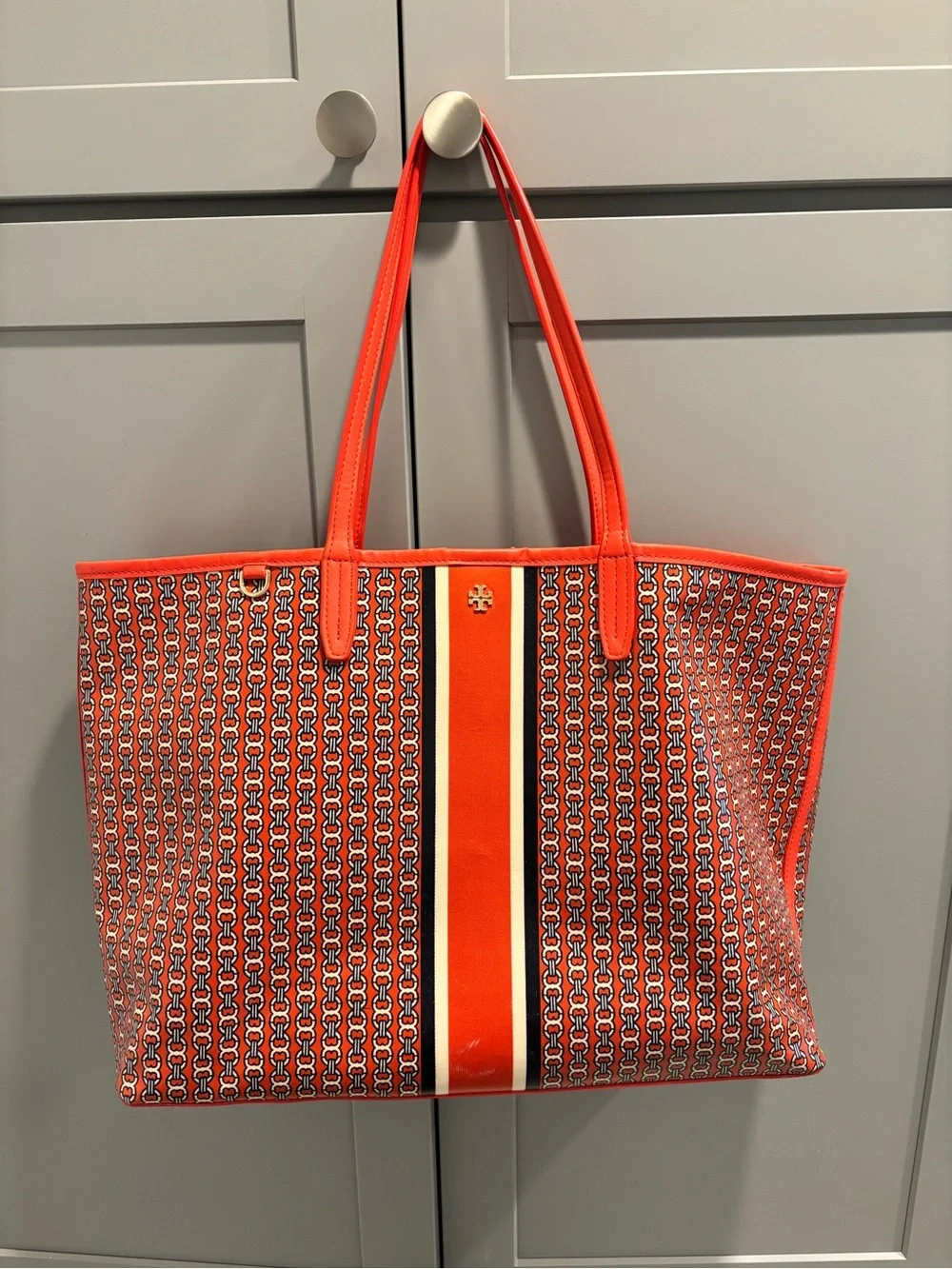 Tory Burch Red Printed Center-Stripe Tote- Gemini Link